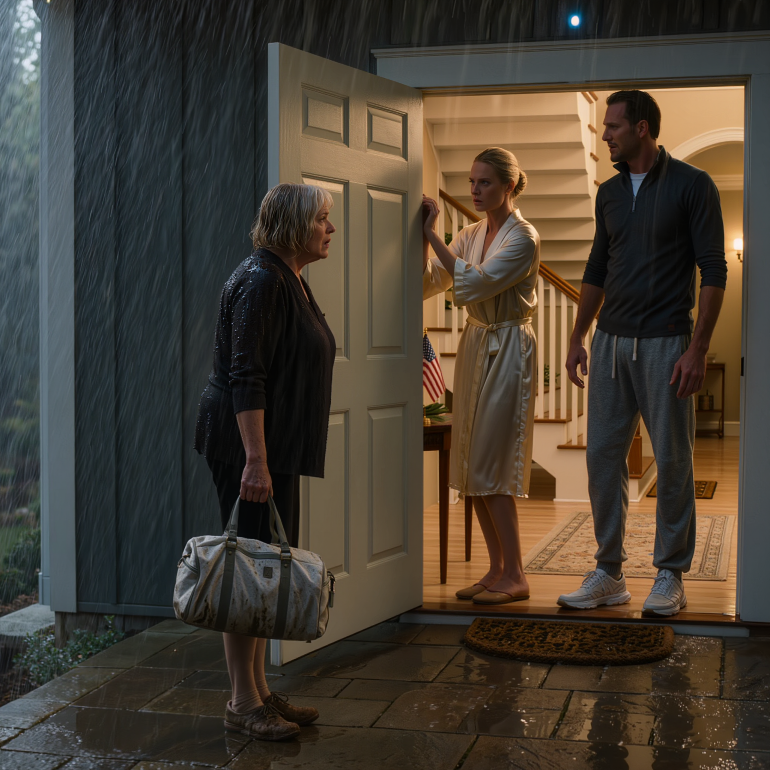 Ma maison a été inondée pendant la tempête, et je suis arrivée chez mon fils, dans son immense demeure, trempée et couverte de boue. Ma belle-fille a fait la grimace et m’a barré la porte : « Beurk, n’entre pas ! Mes tapis blancs ne sont pas faits pour ça. Va dans un refuge.» Elle a claqué la porte. J’ai appelé le jeune homme de seize ans que j’avais un jour secouru dans la rue, et quelques minutes plus tard, un convoi militaire bloquait toute la rue.  Trois jours de pluie consécutifs ont suffi à faire basculer la boîte aux lettres devant chez moi, à renverser l’étagère de mon salon et à faire ruisseler une eau brunâtre sur le sol, comme si elle n’attendait que ça. J’ai roulé pendant près de quarante minutes sur des routes noires et détrempées, passant devant la pharmacie du coin, son portail métallique abaissé, devant le parking désert de l’église, espérant encore trouver au moins une serviette sèche et une porte ouverte chez mon fils.  Je me trompais. Brixton se tenait là, en robe de chambre crème, tenant la porte avec l’air de quelqu’un qui craint que la poussière ne s’accroche à sa manche. Reuben se tenait derrière elle, propre, sec, intact, me regardant comme on regarde une facture arrivée au mauvais moment. Je n’avais même pas fini de dire que je n’avais besoin d’un endroit où dormir que Brixton baissa les yeux sur mes chaussures. Reuben était pire. Il laissa sa femme parler en premier. Puis, d’un ton monocorde, il m’annonça qu’il y avait un refuge de la Croix-Rouge en ville.  Je reculai du perron avant qu’ils n’aient à le répéter. Il y a des moments où l’humiliation est si flagrante qu’on se tait. Assise sur le trottoir, la pluie me ruisselant dans le dos, je regardai à travers la vitre la lumière chaude des lumières sous les meubles de cuisine, les torchons blancs déjà pliés, une planche à découper à moitié recouverte de film plastique, comme si le lendemain soir, il y aurait encore des invités, des verres à vin, des rires, comme prévu. Il n’y avait aucune crise dans cette maison. J’étais la seule chose qui gâchait le décor.  J’appelai Marcus. Je n’ai pas pleuré. Je n’ai rien expliqué. Je lui ai juste donné l’adresse. Il est resté silencieux un instant, puis a dit : « J’arrive tout de suite, maman. » Certaines personnes n’ont besoin que d’entendre votre respiration pour savoir que quelque chose ne va pas du tout. Certaines personnes partagent votre sang et restent pourtant derrière une porte, comme si elles étaient derrière une vitrine.  Quand le convoi s’est engagé dans l’impasse, tout le quartier s’est tu, comme les bancs d’une église se taisent après une mauvaise nouvelle. Les phares ont éclairé les colonnes de pierre devant la maison de Reuben, et la porte s’est rouverte. Cette fois, Brixton ne faisait plus la grimace dans la boue. Reuben n’avait plus ce regard calme, celui qu’il avait lorsqu’il avait dit à sa mère d’aller dormir dans un refuge. Dans le faisceau de lumière qui traversait le hall d’entrée, j’aperçus une mince pile de papiers agrafés ensemble en or sur la table en pierre derrière eux, mon nom imprimé dans le coin supérieur, le numéro d’un refuge du centre-ville en dessous, et la ligne de signature repliée vers l’avant comme s’il ne leur restait plus qu’à attendre que j’entre sagement dans la place qu’ils avaient déjà choisie pour moi.