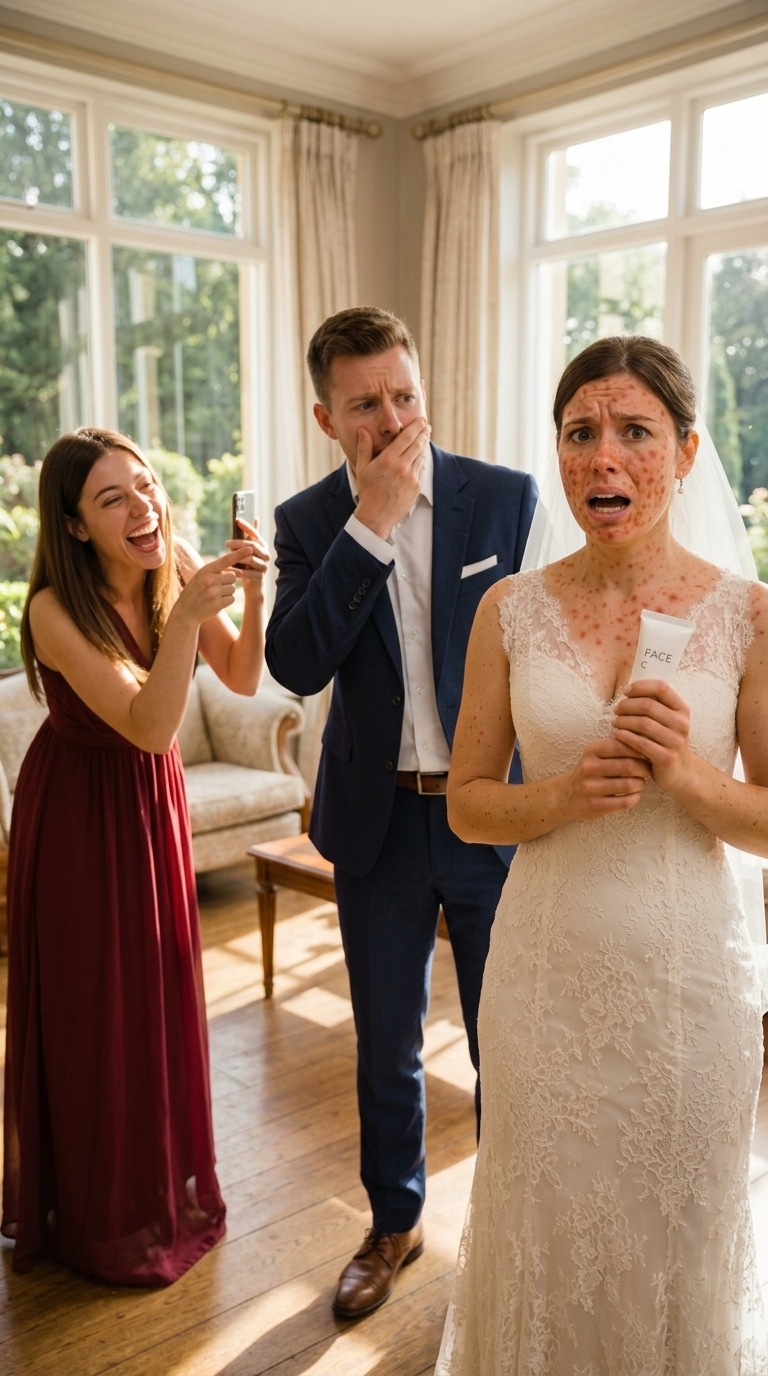 “Just a day before my engagement, my sister tried to force my fiancé to marry her, but he told her he loved me. Pretending to help, she gave me a skin whitening cream ‘for the big day.’ The next morning, I woke up with red allergic spots all over my face. She laughed, thinking she’d won—until my fiancé saw me, and his reaction left her speechless.”