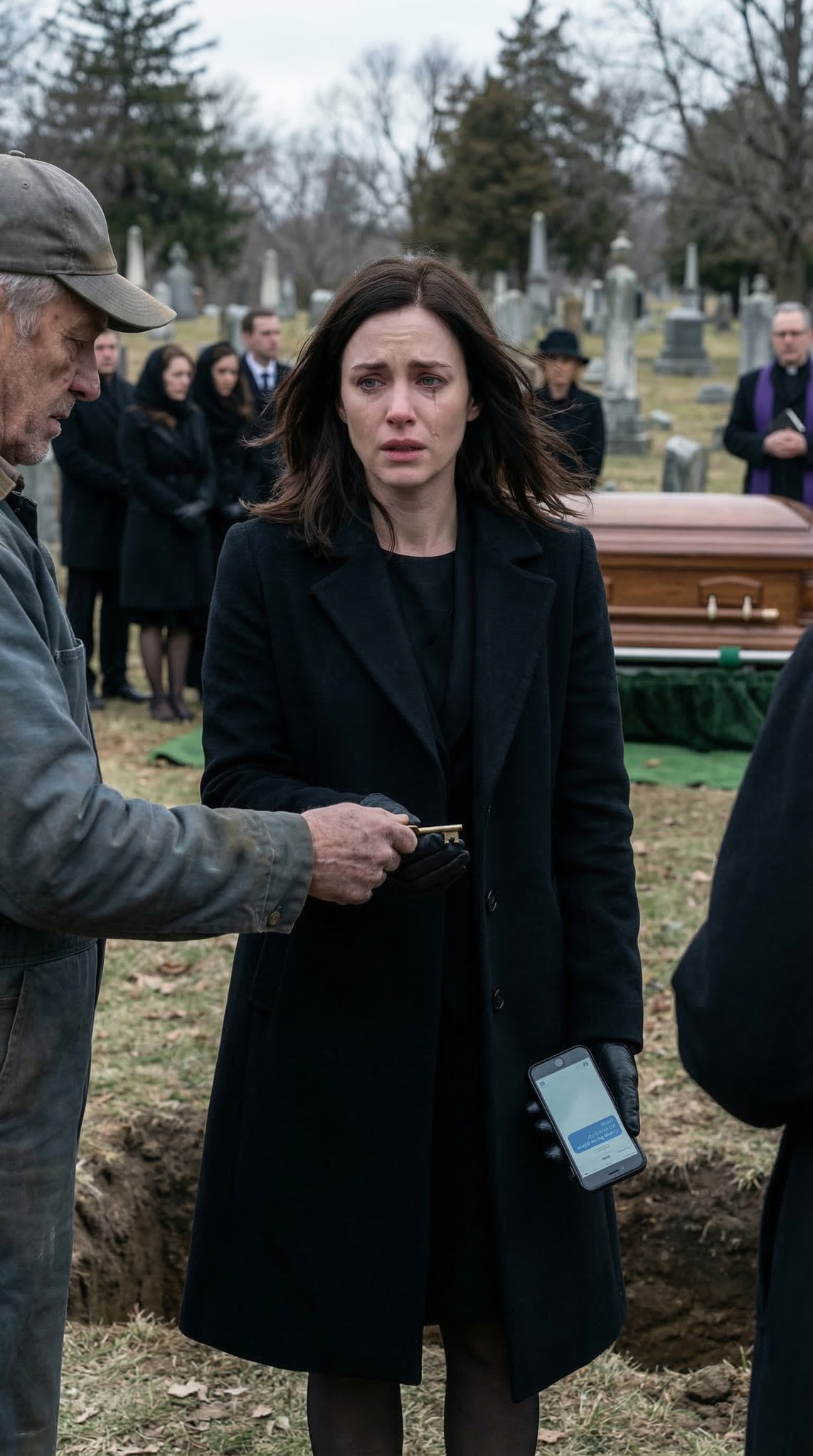 Aux funérailles de ma mère, le fossoyeur m’a appelée et m’a dit à voix basse : « Madame, votre mère m’a payé pour enterrer un cercueil vide. » J’ai répondu : « Arrêtez de plaisanter. » Il a glissé une clé dans ma main et m’a chuchoté : « Ne rentrez pas chez vous. Allez à l’unité 16, tout de suite. » À ce moment-là, mon téléphone a vibré. Un message de maman est apparu : « Rentrez seule. » Arrivée à l’unité 16, j’ai trouvé…