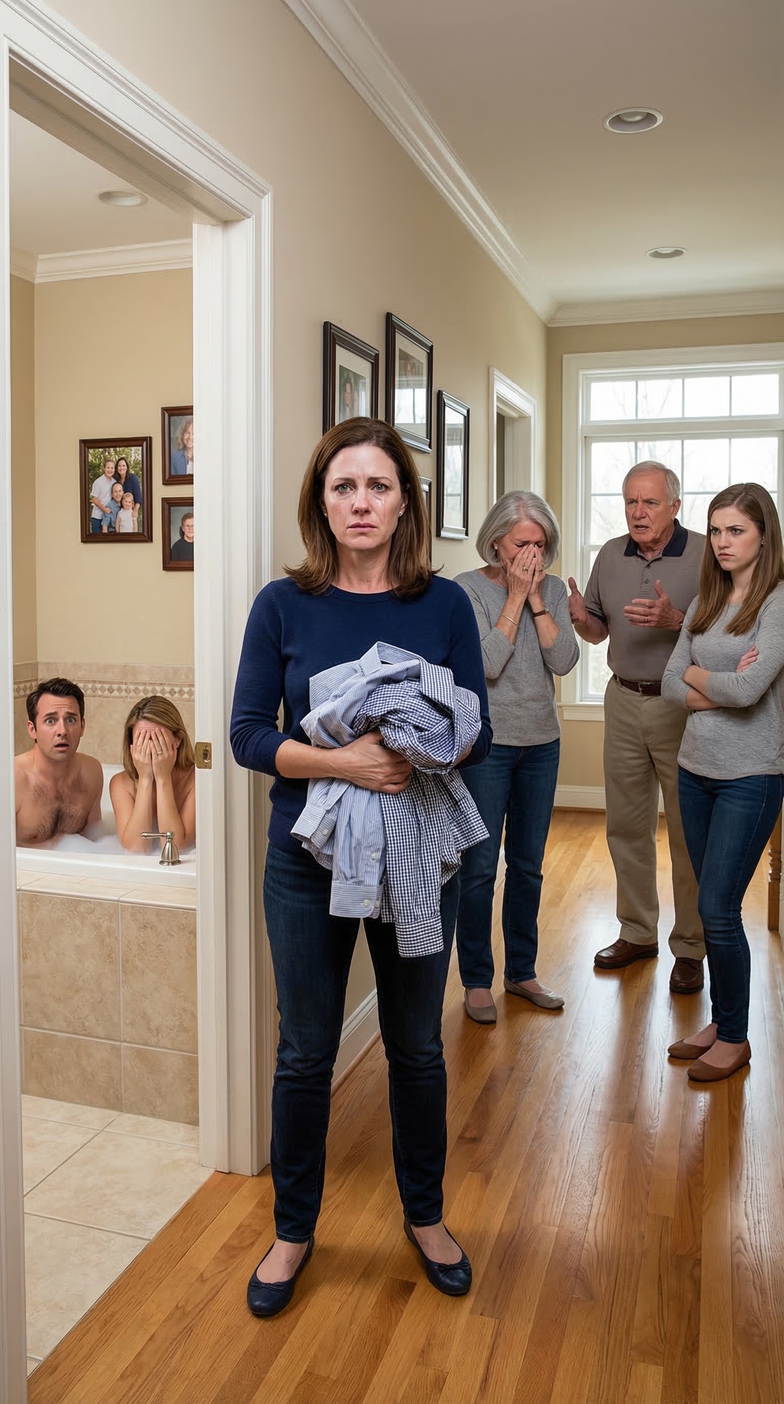 Je savais que mon mariage battait de l’aile, mais je ne m’attendais pas à entendre des rires derrière la porte de ma salle de bain. Quand j’ai trouvé mon mari dans la baignoire avec notre femme de ménage, je n’ai pas crié. J’ai pris leurs vêtements, je les ai enfermés et j’ai souri en voyant arriver sa famille. « Montez », ai-je dit. « Vous arrivez juste à temps pour la surprise. » Puis les coups ont commencé, les cris ont retenti… et tout ce que je croyais savoir de ma vie s’est effondré.