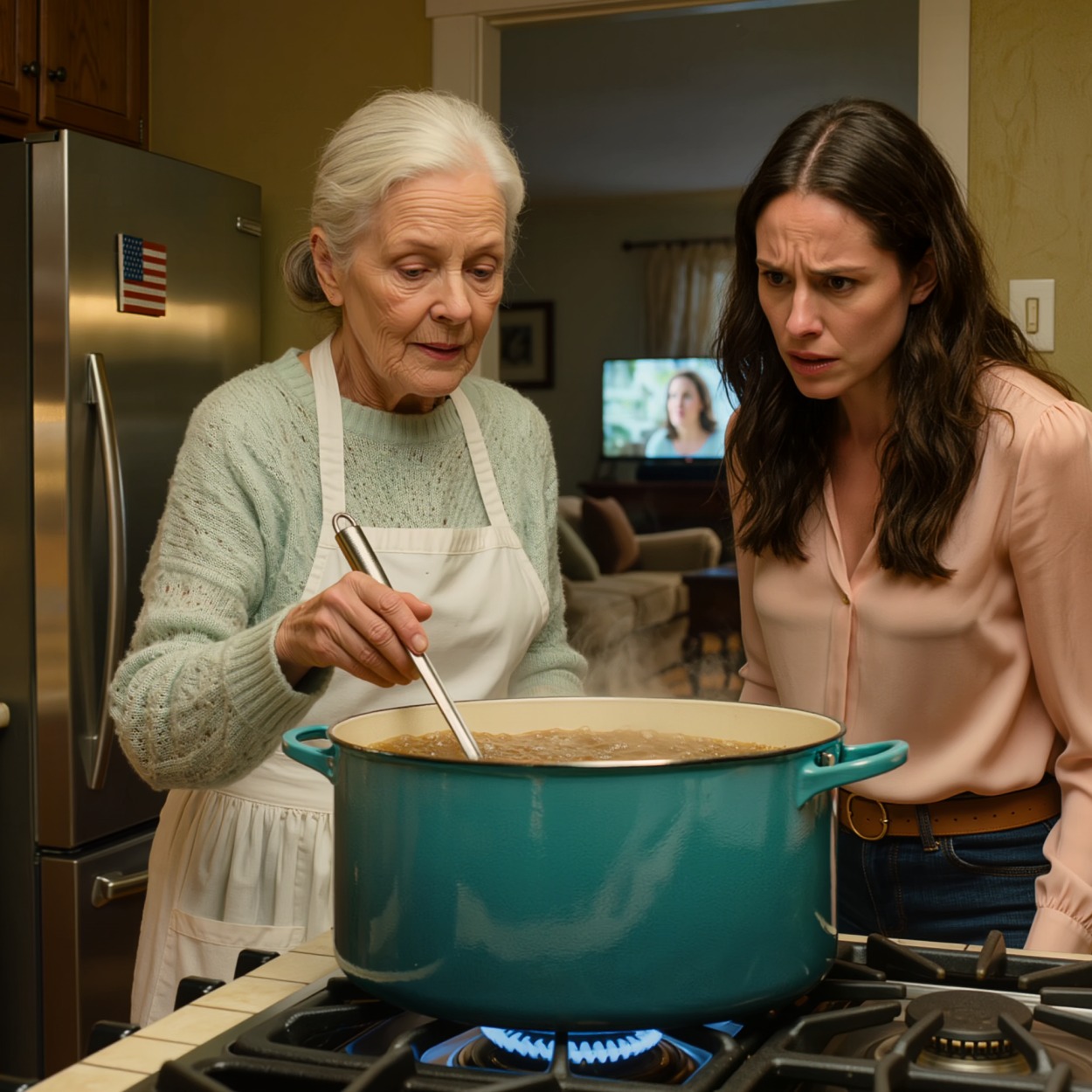 Alors que je préparais une soupe pour toute la famille, ma belle-fille s’est approchée et m’a dit : « Qui t’a dit de cuisiner comme ça ?» Mon fils, les yeux rivés sur la télévision, faisait semblant de ne rien voir. Quelques minutes plus tard, un grand bruit a retenti dans la cuisine. Et à partir de cet instant précis, tout dans cette maison a commencé à être chamboulé.