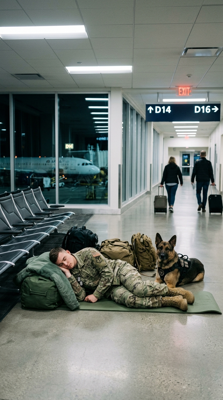Avant l’aube, dans un terminal d’aéroport quasi désert, un soldat gisait immobile sur le sol, son fidèle chien à ses côtés, indifférent au flot incessant de voyageurs. D’abord, la scène fit le tour du web, perçue comme un bel exemple de loyauté ; mais bientôt, une vérité plus profonde, inattendue, se révéla…