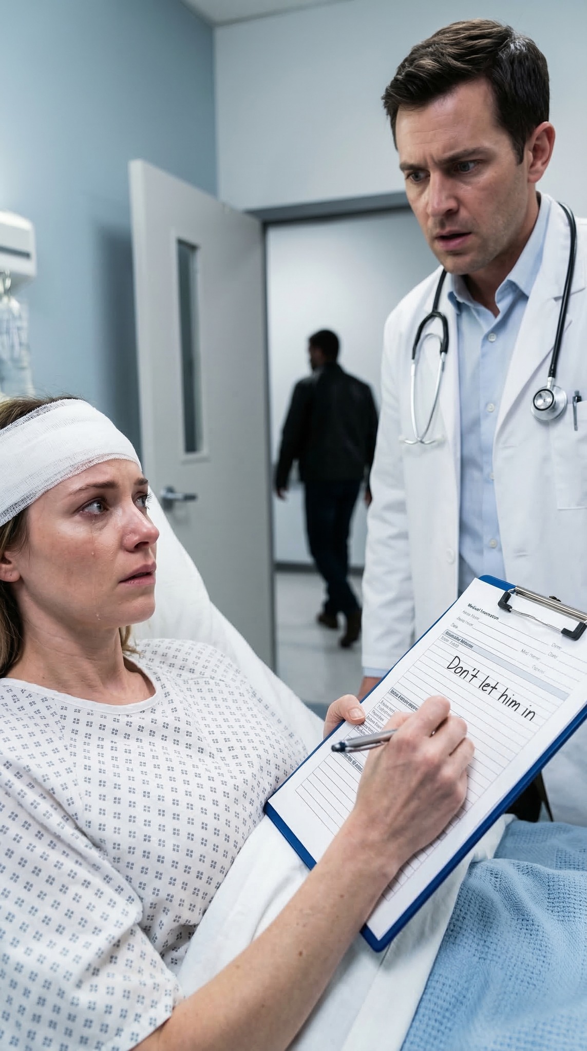 « Je vais dire au médecin que tu as glissé et que tu t’es cognée la tête. Compris ? » murmura mon mari à mon chevet. J’acquiesçai, jusqu’à ce qu’il se penche plus près et siffle : « Dis la vérité, et tu ne reverras plus jamais les enfants. » Quelques minutes plus tard, mon médecin entra… et je reconnus mon vieil ami de fac. Les mains tremblantes, je lui pris son stylo et écrivis trois mots désespérés. À l’instant où il les lut, son visage se décomposa. La suite changea tout.