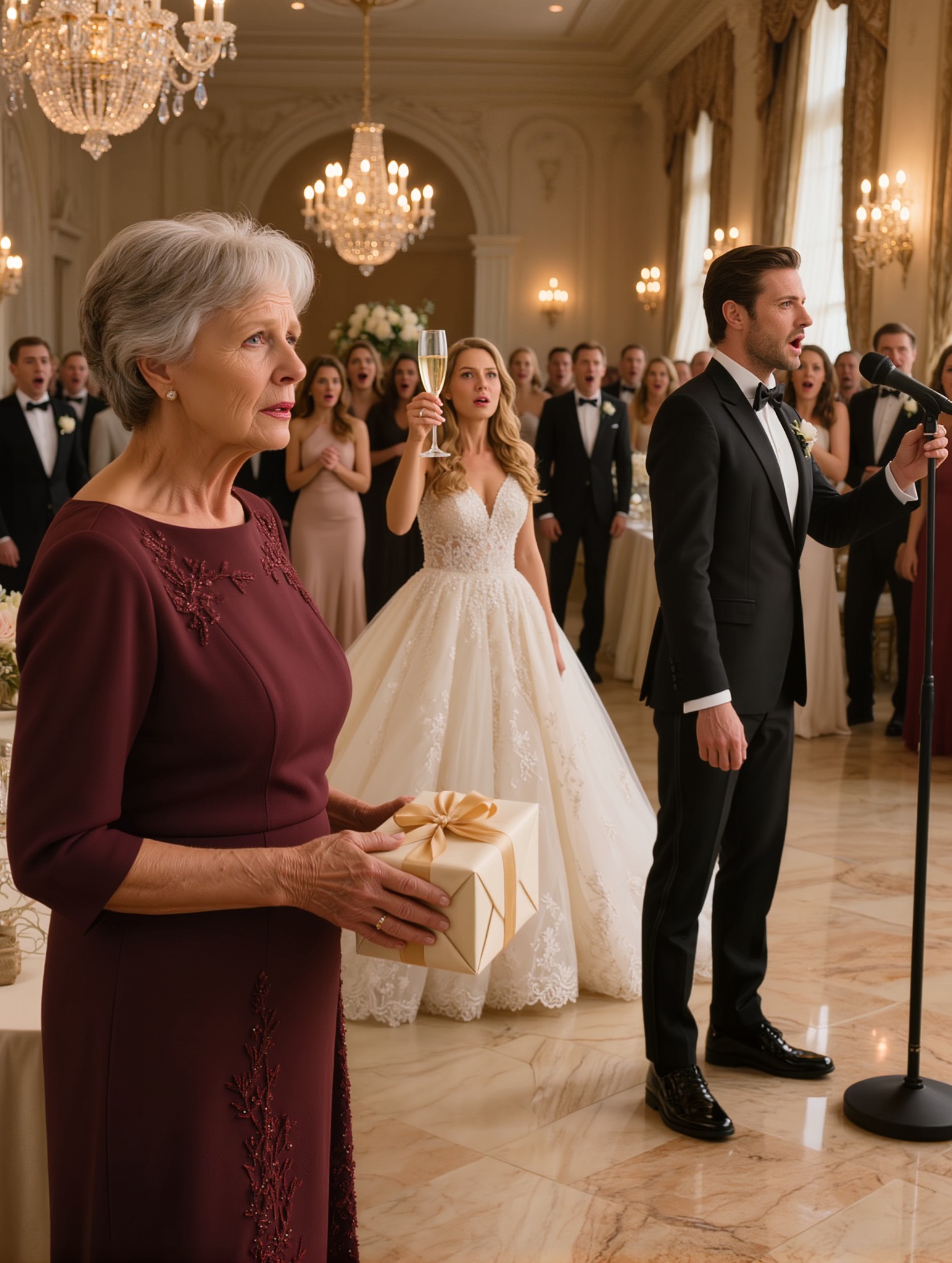 Au mariage de ma fille, elle leva sa coupe de champagne et sourit : « Ma famille de cœur, c’est celle qui me rend heureuse. » Puis elle me regarda droit dans les yeux et ajouta : « Tu peux partir. » Je me levai, mon cadeau encore scellé, humiliée devant deux cents invités… mais avant même que je puisse faire un pas, le marié se leva à son tour, prit le micro et déclara : « Avant que sa mère ne parte, chacun mérite de connaître la vérité. »