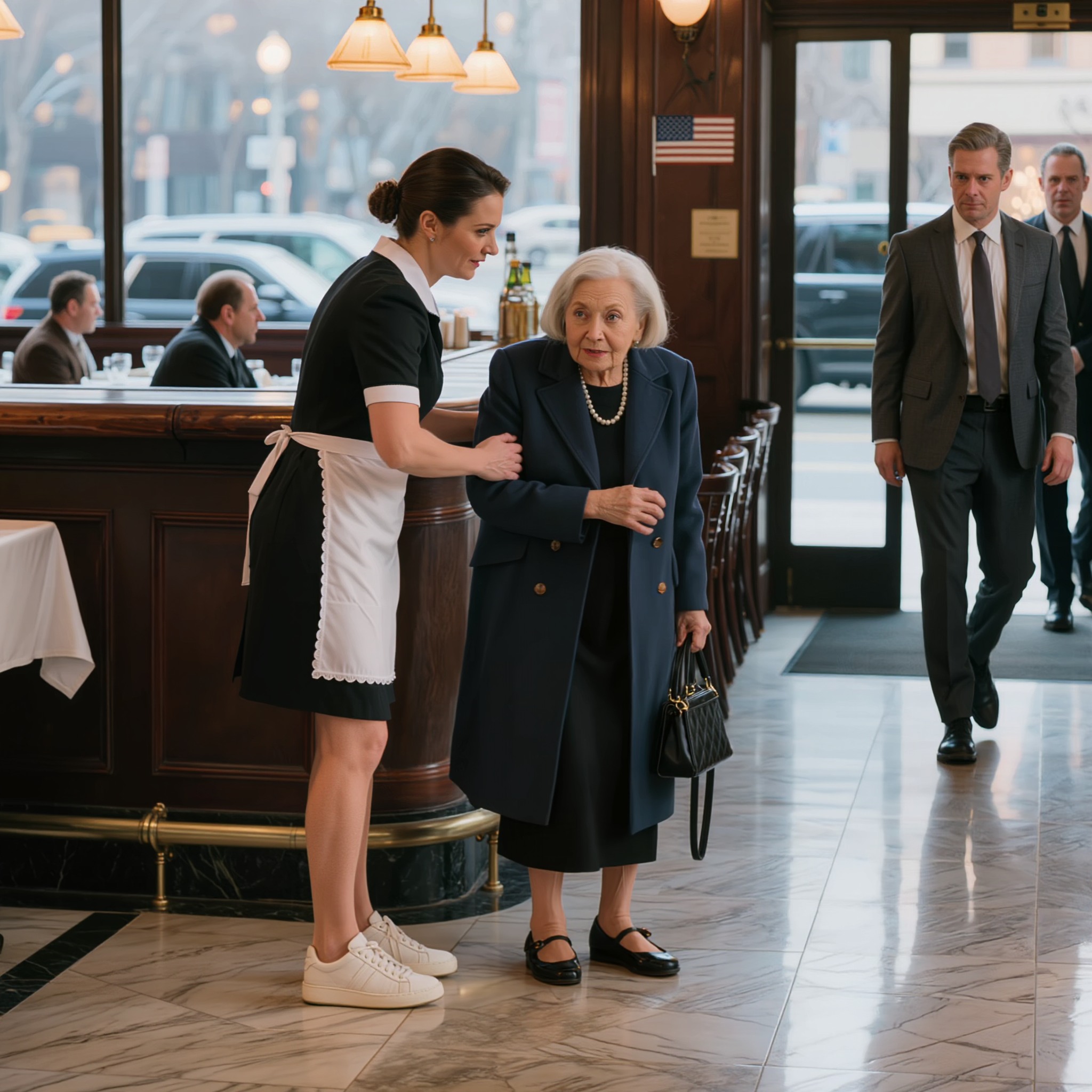 La femme, petite, aux cheveux argentés, vêtue d’un élégant manteau bleu marine, peinait à se relever, le visage rouge de honte. Son sac à main s’était éparpillé sur le sol, du rouge à lèvres et des mouchoirs partout.