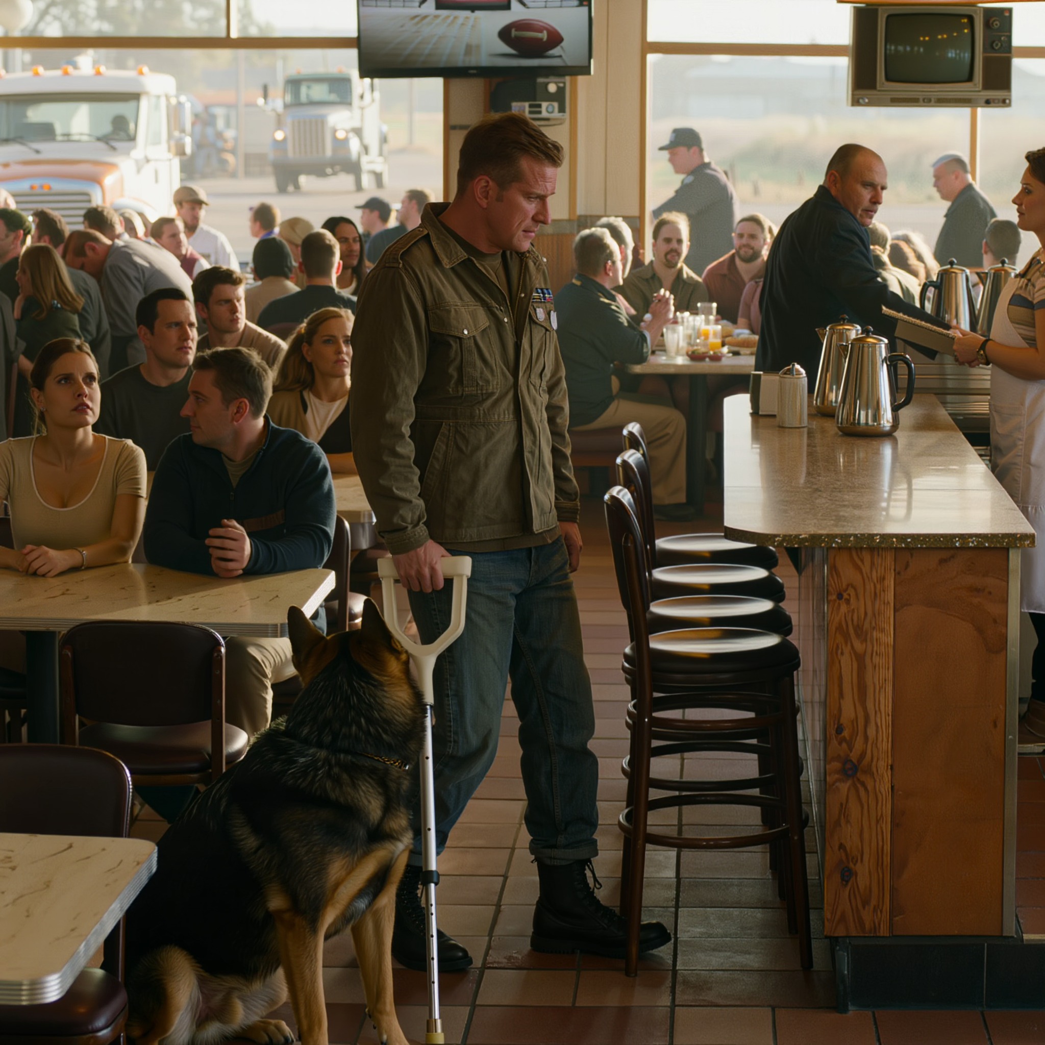 Un ancien Navy SEAL, se déplaçant avec des béquilles, demanda une place à une serveuse, et l’atmosphère de la salle à manger changea du tout au tout avant même que quiconque ne comprenne pourquoi. Le restaurant résonnait des bruits habituels du matin — le café qui coule, les assiettes qui glissent, les routiers qui commentent les résumés des matchs de football, les rires des ouvriers du bâtiment près des fenêtres — jusqu’à ce qu’un geste de bienveillance révèle une histoire cachée.