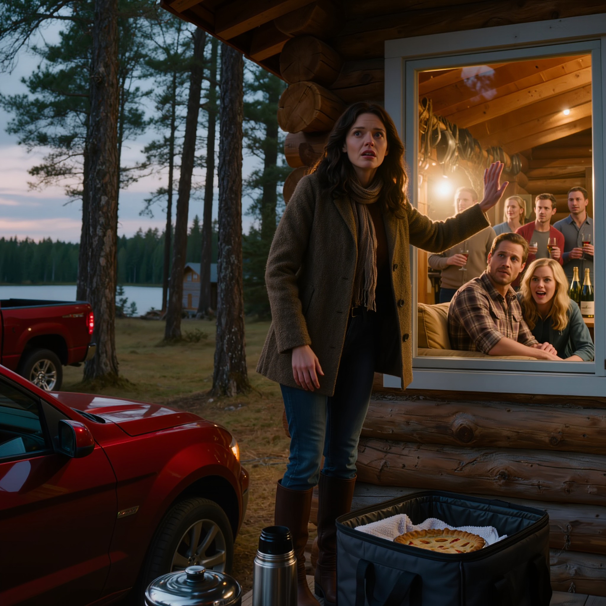 Je suis entrée dans les bois du Minnesota avec le dîner d’anniversaire chaud de mon mari sur la banquette arrière, et avant même de toucher la porte du chalet, une voiture de sport rouge, de la musique de boîte de nuit et des femmes qui riaient à travers les pins m’ont fait comprendre que mon mariage me mentait depuis longtemps.
