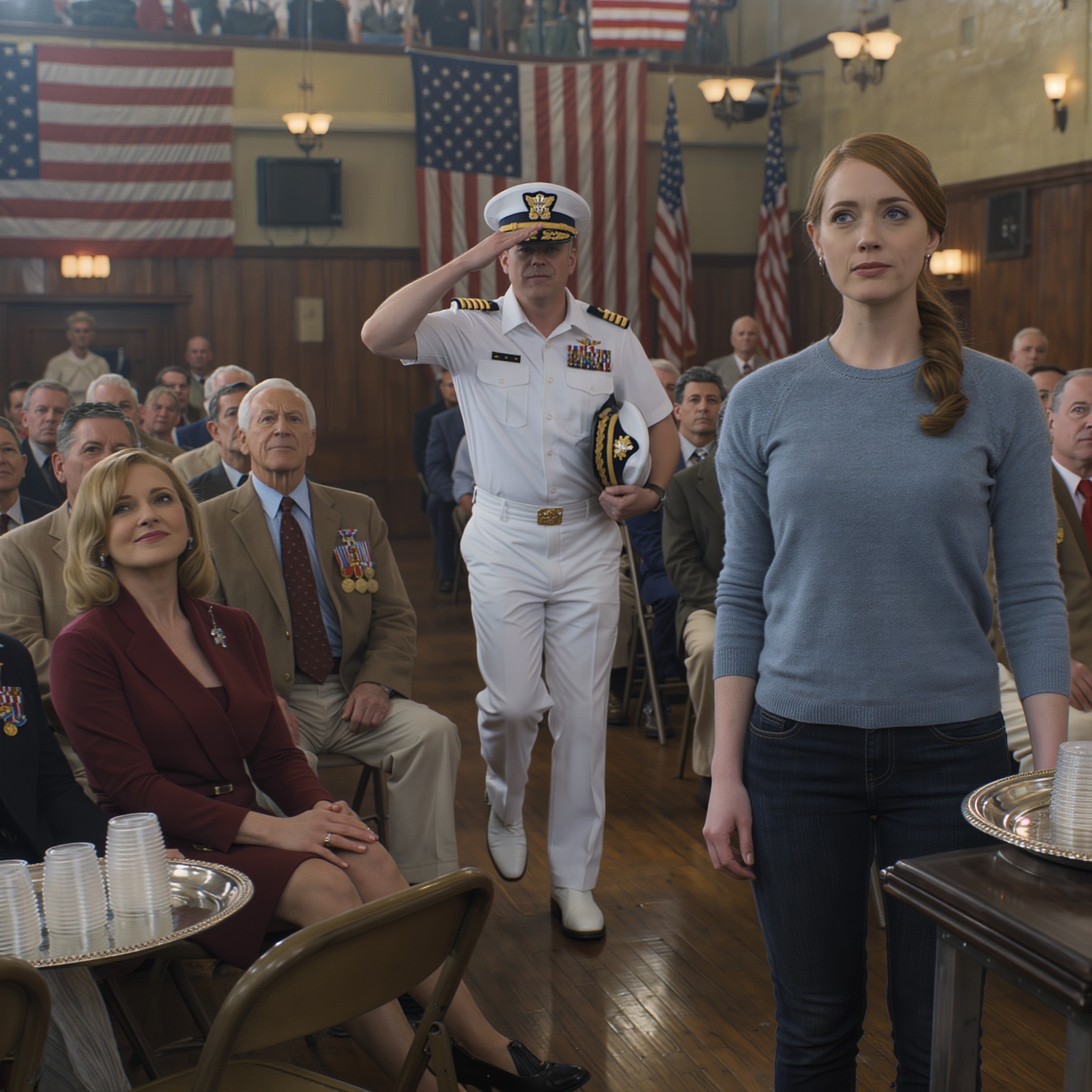 Je suis rentrée pour m’asseoir tranquillement au fond de la salle lors de la cérémonie en l’honneur des anciens combattants de mon père, tandis que ma belle-mère lançait un sourire narquois : « Elle a déjà quitté la Marine. » Soudain, un homme en uniforme blanc est entré dans la salle bondée, a ignoré l’estrade et s’est dirigé droit vers moi.  Je suis rentrée avec un seul plan : m’asseoir au fond, applaudir mon père et partir sans faire de vagues.  C’était tout.  Pas de discours. Pas de drame familial. Pas de remarques à faire à qui que ce soit. Juste une fille présente à la cérémonie en l’honneur des anciens combattants de son père, comme n’importe quelle autre personne dans cette salle.  Mais j’aurais dû m’en douter. Dans les petites villes, on ne rentre pas tranquille. On vous repère à chaque porte avant même que vous n’ayez franchi le seuil.  J’ai entendu le premier murmure avant même d’avoir fait le tour de la cuisine.  « Elle a déjà quitté la Marine. »  C’était doux. Désinvolte. Assuré. Le genre de phrase qu’on ne prononce que lorsqu’on veut qu’on la répète.  Alors ma belle-mère a ri.  « Elle ne fait jamais rien de bien. »  J’ai continué à marcher.  Evelyn avait toujours détesté ça chez moi. Elle aimait les combats qu’elle pouvait gagner en public. Je ne lui en ai jamais donné un seul. Elle prenait le silence pour de la reddition, et je la laissais faire.  La Virginie était exactement comme dans mes souvenirs. De longues routes. Des pins. Des clôtures blanches. La rue principale qui faisait encore semblant d’avoir du charme quand tout le monde était au courant de vos affaires. Je me suis arrêtée prendre un café en rentrant à la maison, et même là, je l’ai senti.  La femme derrière le comptoir m’a regardée en clignant des yeux comme si elle avait vu un fantôme.  « Clare ? »  « Bonjour, mademoiselle Donna. »  À une table près de la fenêtre, deux hommes d’un certain âge ont baissé la voix juste assez pour être insultants.  « J’ai entendu dire qu’elle a démissionné. »  « Elle n’a pas tenu le coup. »  J’ai pris mon café, j’en ai laissé la moitié intacte et j’ai terminé le trajet en silence.  Evelyn avait laissé la porte d’entrée ouverte quand je suis arrivée, comme si elle attendait des invités et voulait des témoins. La maison sentait le citron et un parfum sucré qui mijotait dans le four. Sa façon d’être patriotique et présentable.  Elle m’a dévisagée. Jean. Pull. Rien d’assez osé pour l’offenser, et pourtant, d’une certaine manière, c’était faux.  « Oh », dit-elle. « C’est ce que tu portes. »  « Je viens d’arriver. »  Ses lèvres se pincèrent. « Ce soir est important. Il y aura des donateurs. Le pasteur. Le conseiller municipal Pierce. Ton père veut que tout soit parfait. »  Ce qu’elle voulait dire était simple. Ne pas l’embarrasser. Ne pas rappeler mon existence à personne, sauf si cela arrangeait sa version des faits.  Puis elle s’approcha et baissa la voix.  « J’ai entendu dire que tu avais quitté la Marine. »  Je n’ai pas répondu.  Elle sourit, comme si mon silence confirmait tout ce qu’elle voulait. « Quel dommage. Au moins, quand tu y étais, ça avait l’air respectable. »  Dans la cuisine, mon père se tenait devant un dossier rempli de plans de table et de programmes imprimés. Il paraissait plus vieux que dans mon souvenir. Plus de cheveux gris. Même posture. Toujours cette habitude de fixer la paperasse dès que la réalité devenait pesante.  « Clare », dit-il.  « Salut papa. »  « Tu es là. »  « Je te l’avais dit. »  Il hocha la tête, mais avant que quoi que ce soit de concret ne puisse se produire, Evelyn apparut derrière moi.  « Bien sûr qu’elle est là », dit-elle d’un ton enjoué. « Elle s’assiéra tranquillement au fond. »  Je la regardai.  « J’y serai », dis-je.  Dix minutes plus tard, elle me tendit un torchon comme si elle assignait des tâches au personnel. Pendant que je faisais la vaisselle, mon père répondit à un appel et se redressa aussitôt.  « Oui, monsieur », dit-il, soudain plus chaleureux. « Merci. Nous serons là en avance. À six heures précises. »  Quand il raccrocha, Evelyn se pencha vers moi et murmura si bas que seule moi pus l’entendre.  « Et surtout, ne porte rien de militaire ce soir. Tu ne feras que semer la confusion. »  Je me suis essuyé les mains, je suis sorti et je suis resté sur le perron jusqu’à ce que je puisse reprendre mon souffle. Dans la poche de mon manteau, mes doigts ont effleuré le bord d’une carte vierge. Lisse. Rigide. Officielle. Je l’ai laissée où elle était.  Ce soir-là, lorsque nous sommes arrivés à la salle des anciens combattants, le parking était presque plein. Des camions. Des berlines. Quelques voitures avec des autocollants militaires délavés sur les vitres. À l’intérieur, la salle sentait le café, le vieux bois, le cirage et l’amidon. Des drapeaux ornaient les murs. Les chaises pliantes se sont vite remplies. Tout le monde avait une poignée de main ferme et une excellente mémoire pour les ragots.  Par habitude, je me suis dirigé vers le fond.  C’est là que les chuchotements m’ont de nouveau atteint.  « C’est la fille de Thomas Montgomery. »  « J’ai entendu dire qu’elle avait quitté la Marine. »  « Quel dommage. »  De l’autre côté de la salle, Evelyn rayonnait. La main posée sur le bras de mon père. Un sourire éclatant. On aurait dit qu’elle avait organisé l’événement de A à Z.  Puis elle m’aperçut, seule, et s’approcha d’un pas léger, un plateau d’argent rempli de gobelets en plastique à la main.  « Te voilà enfin », dit-elle d’une voix douce. « On manque de monde. »  Je regardai le plateau. Puis elle.  « Si tu ne comptes pas t’asseoir avec la famille », murmura-t-elle, « autant être utile. »  Pendant une seconde, je soutins son regard.  Puis je pris le plateau.  « Bien sûr. »  Elle sourit comme si elle avait gagné quelque chose.  Je fis le tour de la salle, servant du thé glacé et de l’eau aux gens qui, soit ne me reconnaissaient pas, soit me reconnaissaient parfaitement. Une femme m’adressa ce sourire prudent et compatissant que l’on réserve à la déception, déguisé en politesse.  « Et que fais-tu en ce moment, ma chère ? »  « Je travaille à Washington », répondis-je.  « Avec… »