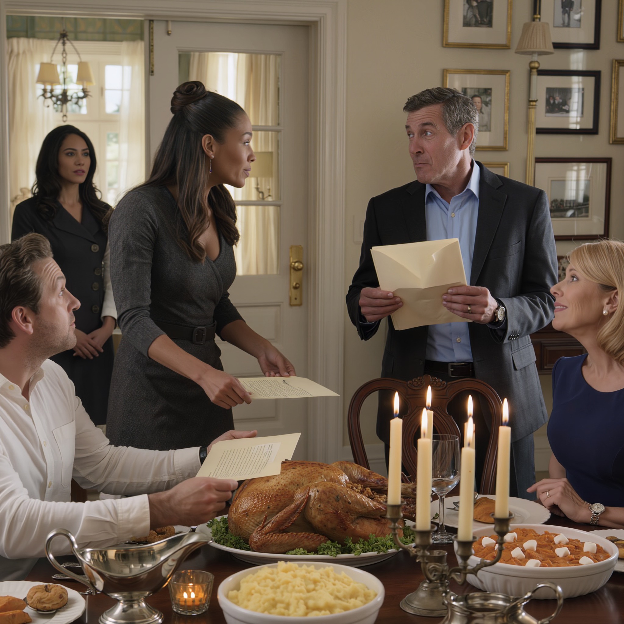 Mon père a glissé un avis d’expulsion sur ma propre table de Thanksgiving et a dit : « Sept jours, votre frère a besoin de cette maison. » Mais au moment où mon voisin est entré avec une enveloppe scellée, l’homme qui pensait me mettre à la porte a enfin semblé comprendre que cette maison ne serait jamais celle de Luke.