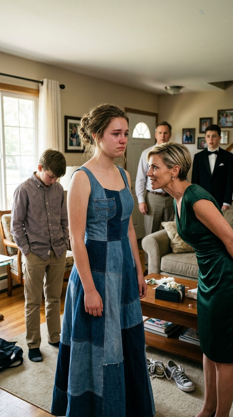 Ma belle-mère a jeté un coup d’œil à la robe de bal que mon petit frère m’avait cousue avec un vieux jean de notre mère et a ri comme si c’était une plaisanterie. Elle pensait nous humilier sur le coup, mais le karma la rattrapait déjà.