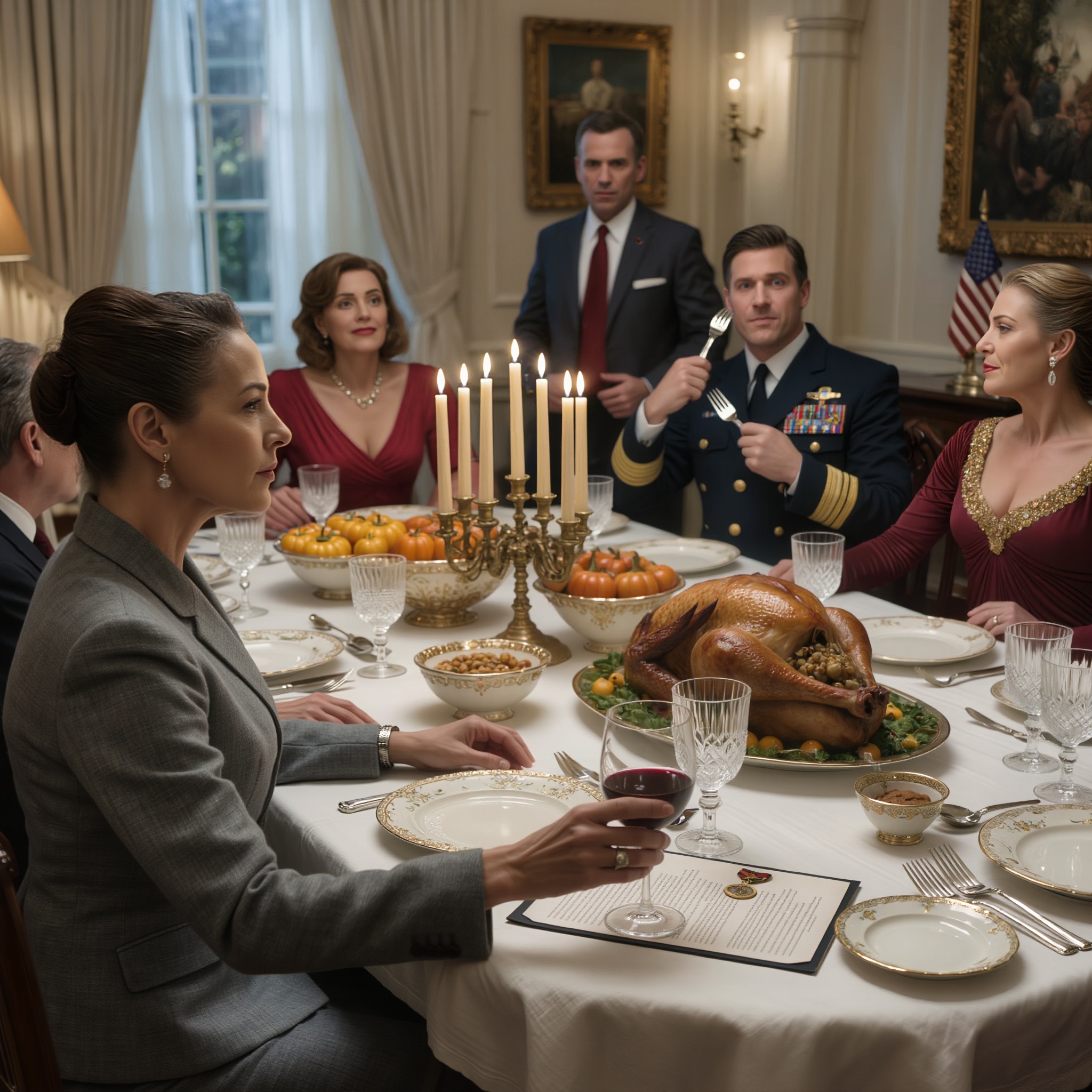 Ma tante a jeté un coup d’œil à mon dossier militaire vierge, a ricané par-dessus la table de Thanksgiving et m’a traité de « secrétaire de pacotille » devant toute la famille. Son fils, Navy SEAL, a alors laissé tomber sa fourchette, est devenu livide et lui a ordonné de se taire avant que je ne prononce les deux mots qui allaient bouleverser l’atmosphère.  J’ai su que la soirée allait mal tourner dès que j’ai garé ma Ford Taurus 2012 dans l’allée de tante Marjorie.  Toutes les autres voitures garées devant sa maison d’Arlington semblaient avoir été louées spécialement pour impressionner le voisinage. Mercedes. BMW. Range Rover. La mienne, elle, avait l’air d’avoir survécu à trois guerres et un divorce.  Honnêtement, ça ne me dérangeait pas.  Ce qui me dérangeait, c’était d’entrer dans une maison remplie de gens qui, depuis toujours, confondaient silence et insignifiance.  Je m’appelle Collins Flynn. J’ai quarante ans et, d’après ma tante, je suis la déception de la famille.  Non pas parce que j’ai échoué.  Parce que je n’ai jamais présenté ma vie d’une manière qu’elle puisse comprendre.  Nathan, son fils, était facile à vanter pour elle. Navy SEAL. Larges épaules. Uniforme de cérémonie. Décorations scintillant sous le lustre. Le genre d’homme qu’on remarque dès qu’il entre dans une pièce.  J’étais plus difficile à vendre.  Pas d’histoires rocambolesques. Pas de médailles encadrées au mur du couloir. Pas d’hommages grandioses sur les réseaux sociaux. Juste dix-huit ans sous l’uniforme et un costume gris qui me donnait l’air, selon ses propres termes, « d’un standardiste ».  C’était toujours la même blague.  Nathan était le héros.  J’étais la paperasse.  Au dîner de Thanksgiving, elle décida de le lui faire remarquer devant tout le monde.  La table était digne d’un magazine. Verres en cristal. Argenterie polie. Une dinde si parfaite qu’elle paraissait presque réelle. Elle installa Nathan à une place où tout le monde pouvait l’admirer, puis me relégua sur le côté, près de la fenêtre qui laissait passer les courants d’air, comme une chaise supplémentaire qu’elle ne pouvait pas caser ailleurs.  J’aurais dû partir sur-le-champ.  Au lieu de cela, je suis restée.  Voilà ce que les gens ne comprennent jamais à propos des femmes comme moi. On peut rester assises sous le feu des critiques et avoir l’air suffisamment calmes pour qu’on nous prenne pour des inoffensives.  Tante Marjorie découpa la dinde, se resservit du vin et commença ce qu’elle faisait toujours pour mettre son fils en valeur.  Elle se servait de moi comme d’un arrière-plan.  « Regarde Nathan », dit-elle en le désignant du doigt avec son verre. « Voilà un vrai militaire. »  Puis elle se tourna vers moi.  « Et toi ? Dix-huit ans de service et pas une seule médaille à la clé. Franchement, Collins, tu fais quoi de tes journées ? Tu tamponnes des papiers ? Tu planifies des réunions ? »  Quelques personnes à table rirent discrètement. Un rire sans conséquence. Le genre de rire qu’on pousse quand on est soulagé que la cruauté ne vise personne.  Je ne répondis pas.  Alors elle continua.  Elle a parlé des déploiements de Nathan. De son entraînement. De sa bravoure. Puis elle m’a dévisagée lentement, d’un air méprisant, et a prononcé la phrase qu’elle pensait manifestement être la goutte d’eau qui faisait déborder le vase.  « Pas de médailles. Pas d’histoires. Aucune preuve. Tu n’es qu’une secrétaire de POG. »  Ces mots l’ont blessée plus qu’elle ne l’imaginait.  De l’autre côté de la table, l’expression de Nathan a changé instantanément.  Il a cessé de mâcher.  Il s’est immobilisé.  Il a cessé d’être son petit chouchou pendant une longue seconde et est redevenu exactement ce qu’il était : un homme entraîné à reconnaître le danger avant tout le monde.  Car il ne regardait plus sa mère.  Il me regardait.  À la façon dont j’avais posé mon couteau avec trop de précaution.  À mon regard vide.  À mon corps tout entier figé dans cette immobilité familière qu’on n’acquiert qu’après trop d’expérience, où un seul faux pas peut être fatal.  Tante Marjorie ne l’a pas remarqué.  Elle était trop occupée à rire de sa propre réplique.  « Dis-moi que je me trompe », dit-elle. « Si tu n’es pas secrétaire, alors qu’est-ce que tu es ? »  Je levai mon verre de vin et pris une lente gorgée.  La fourchette de Nathan lui glissa des mains et heurta l’assiette.  Le bruit résonna dans la pièce.  Il me regarda, puis regarda sa mère, et il devint livide.  « Maman », dit-il doucement, « arrête de parler. »  Mais elle sourit et se laissa aller dans son fauteuil comme si elle avait déjà gagné.  C’est alors que je reposai mon verre, la regardai droit dans les yeux et me décidai enfin à répondre.