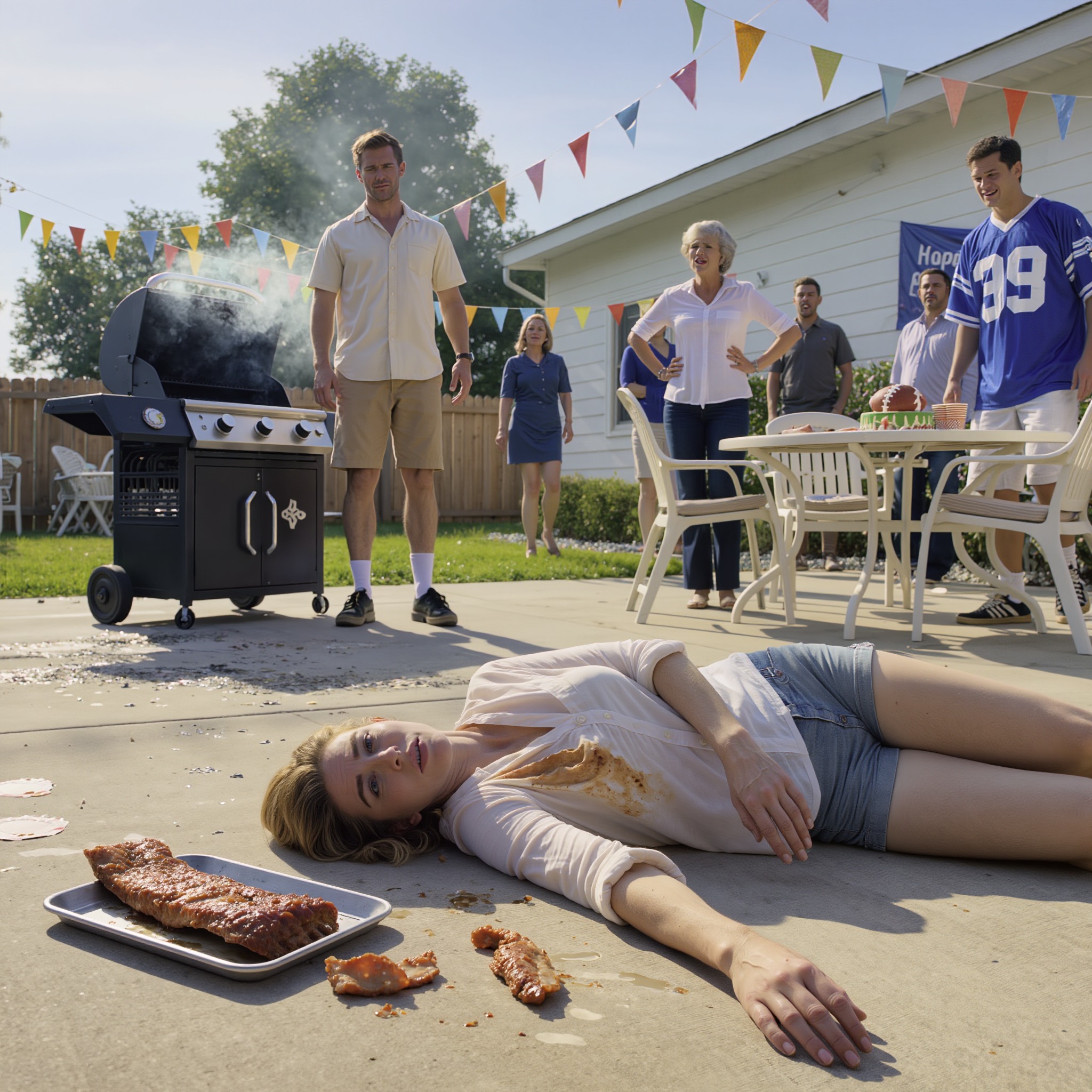 Une femme gisait, figée, sur le béton brûlant d’une banlieue, avec de la poitrine de bœuf fumée renversée à côté d’elle, tandis que son mari, encadré par la fumée du barbecue et des serpentins d’anniversaire, la fixait du regard et ordonnait à tout le monde de reculer – premier signe qu’il ne s’agissait pas d’une urgence médicale pour lui, mais d’un plan qui avait dérapé.