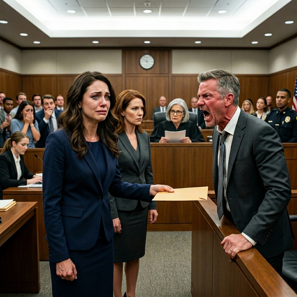 « Au tribunal, mon mari millionnaire m’a publiquement traitée de stérile. Son mobile était clair : faire annuler notre mariage pour conserver chaque centime de sa fortune. Il prétendait qu’une clause de notre contrat prénuptial me laisserait sans rien en cas de divorce. Je suis restée calme, je n’ai rien dit et j’ai tendu une enveloppe au juge. Son contenu a tout changé et a plongé la salle d’audience dans un silence stupéfait… »