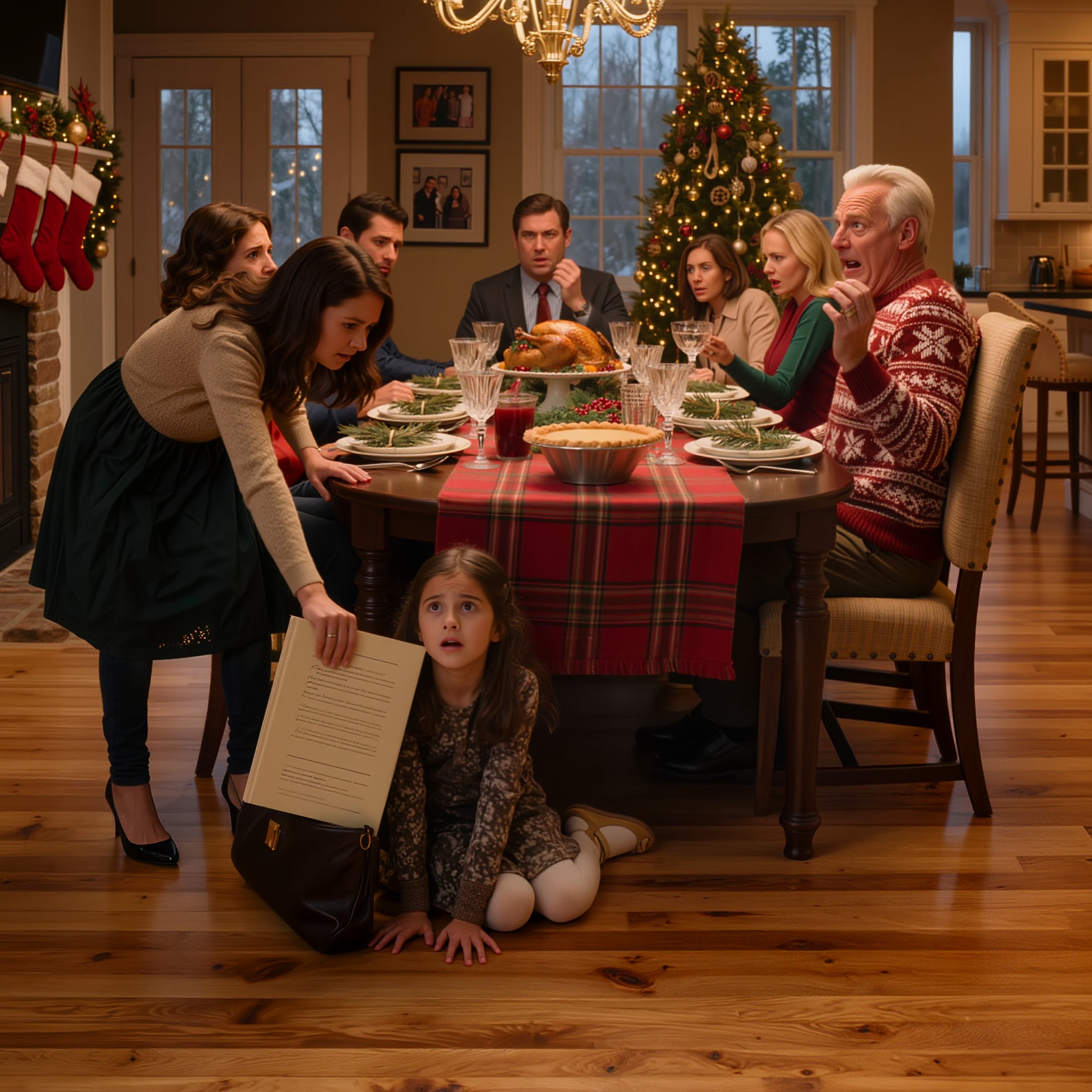 « Mon père a repoussé ma fille de 9 ans de la table de Noël en lançant sèchement : « Cette place est pour mon vrai petit-fils ! » Mais lorsque j’ai glissé un simple dossier juridique entre la sauce aux canneberges et son assiette, ma mère a laissé tomber son verre de vin, mon père est devenu blanc comme un linge, et une vingtaine de proches qui avaient ignoré les larmes de mon enfant ont soudain semblé savoir que l’histoire familiale était sur le point d’éclater au grand jour. »