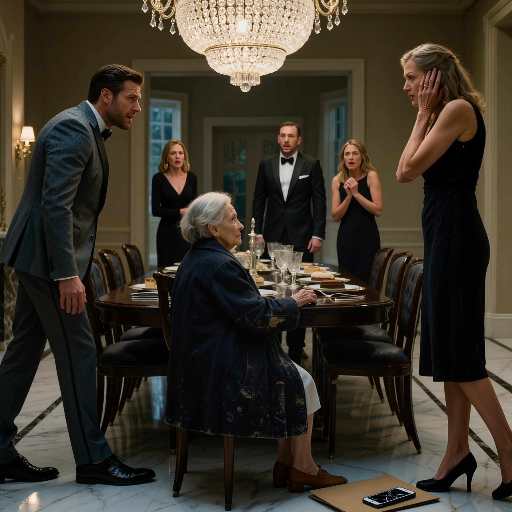 Au dîner, mon gendre a fait glisser un dossier sur la table et a dit : « Signez la vente de la maison ce soir, sinon je vous ferai déclarer inapte demain matin » — mais la vieille veuve dans son manteau de laine usé dont ils se moquaient gardait un téléphone défaillant, un nom discret et une vérité cachée dans son sac à main… et quand elle a finalement dit « James », personne à table n’était préparé à ce qui allait suivre.