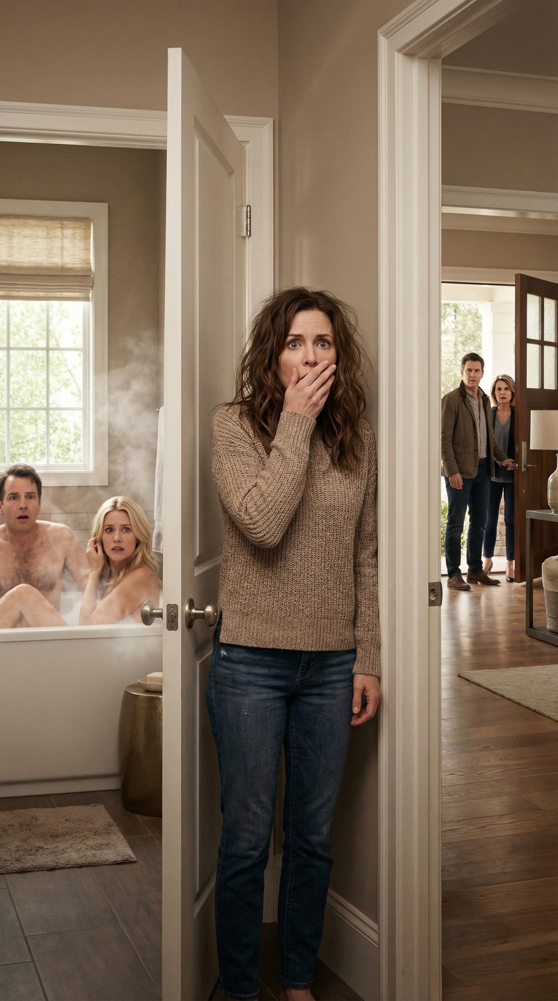 Je suis rentrée plus tôt que prévu et j’ai entendu des rires venant de la salle de bain. Quand j’ai ouvert la porte, mon mari était dans la baignoire… avec ma meilleure amie. Je les ai enfermés à clé, j’ai attrapé mon téléphone et j’ai appelé son mari. « Il faut que tu viennes tout de suite ! » Quelques minutes plus tard, il est arrivé. Mais quand j’ai vu qui sortait à côté de lui, mon cœur s’est arrêté. C’est là que j’ai compris que cette trahison était encore plus grande que je ne l’avais imaginé…