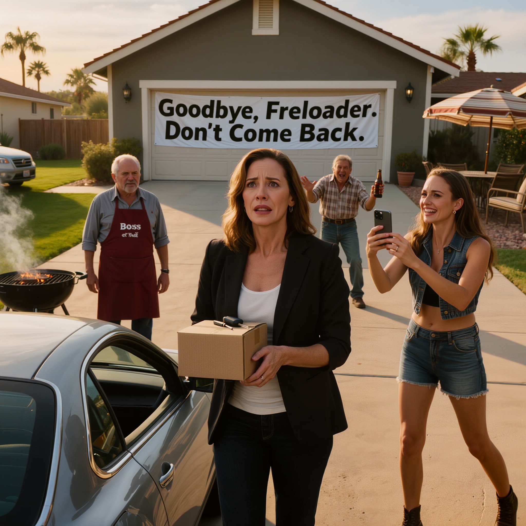 Mon père a accroché une banderole au-dessus du garage où il était écrit : « Au revoir, parasite. Ne reviens pas. » Toute la famille riait comme si c’était un jour férié, mais quand je suis partie avec une simple boîte d’archives et une photo, ils n’avaient aucune idée que la femme qu’ils avaient humiliée en public avait discrètement soutenu tout leur monde.