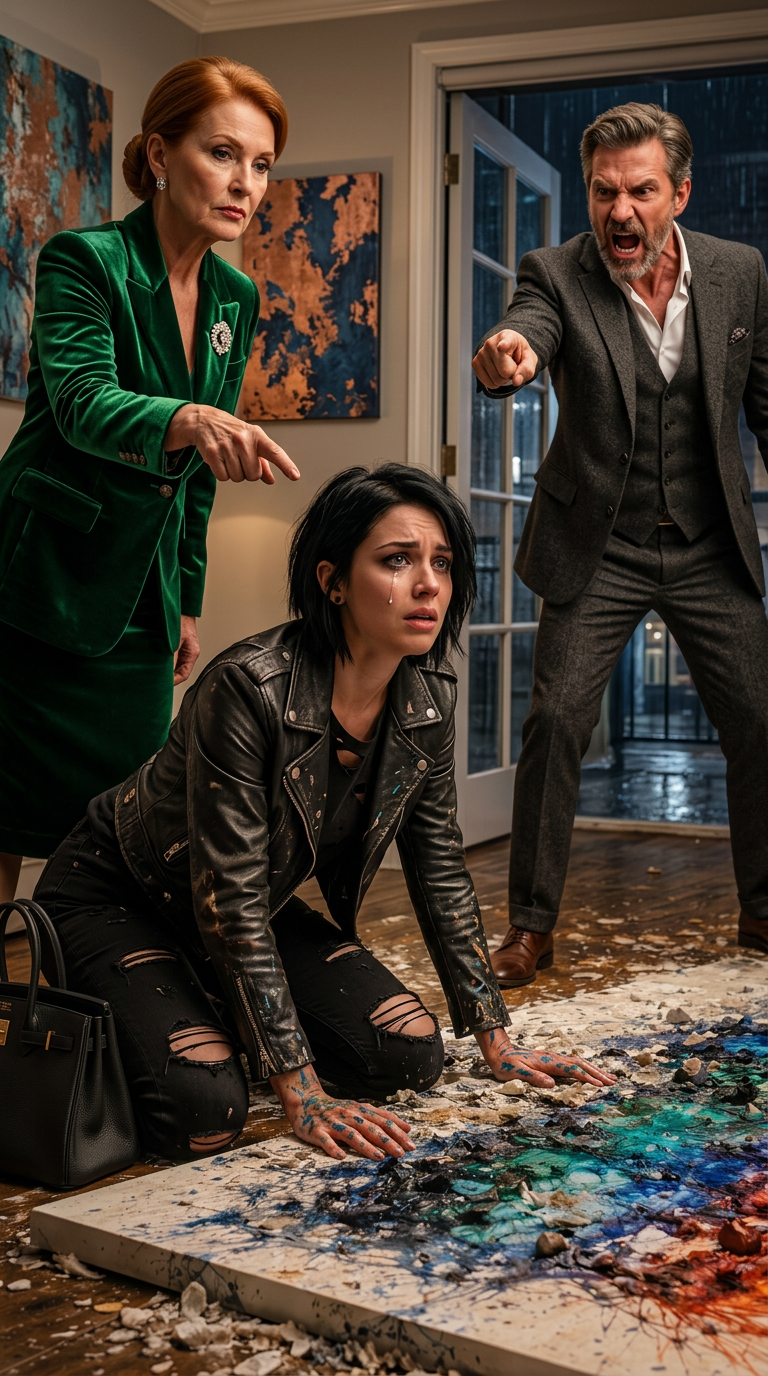 La première chose que je remarquai fut l’odeur — âcre, chimique, comme du diluant laissé ouvert trop longtemps. Puis le silence me frappa : celui qui fait bourdonner les oreilles quand quelque chose ne va pas. *Juste à temps.*  « Allô ? » appelai-je, ma voix rebondissant contre les murs nus de notre studio loué à Brooklyn. Cet endroit avait été mon second foyer pendant trois ans, depuis que j’avais commencé *Tideglass* — une œuvre en techniques mixtes faite de résine coulée, de pigments broyés à la main et de centaines de minuscules fragments de verre que j’avais ramassés sur des plages tout le long de la côte Est. Un collectionneur de Miami avait signé un contrat de cinq cent mille dollars. L’inspection finale était prévue pour la semaine suivante.