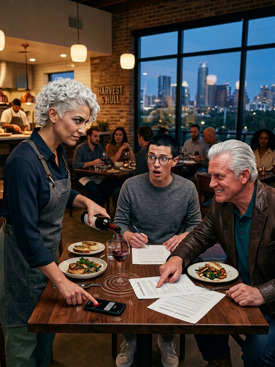 Mon père, avec qui je suis brouillé, est entré dans mon restaurant à Austin comme si c’était le sien, s’est assis à ma meilleure table et m’a dit : « Tu cèdes 15 % de tes parts à ton frère ce soir », puis a menacé d’appeler mon propriétaire et de « te compliquer la vie ». Je n’ai pas crié. Je leur ai servi du vin, j’ai souri et j’ai dit : « D’accord… mais mon comptable a besoin que ce soit consigné. » J’ai posé mon téléphone sur la table, j’ai lancé l’enregistrement et je lui ai fait dire à voix haute « un vieux prêt familial »… Puis j’ai glissé les papiers sur la table – et juste au moment où mon frère prenait le stylo, mon téléphone a vibré : un message m’a glacé le sang…
