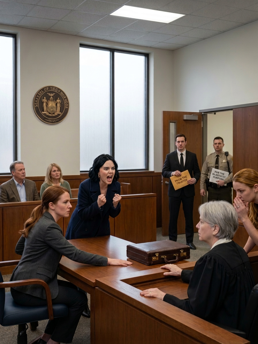 Ma sœur est entrée au tribunal des successions en blouse crème et a exigé que le juge lui transfère l’intégralité de l’héritage de notre grand-père le jour même, sous le regard approbateur de mes parents, assis derrière elle, comme s’ils avaient répété chaque hochement de tête. Son avocat a glissé la requête sur la table, m’a traité d’« inapte », et lorsque le juge m’a regardé et m’a demandé si je m’y opposais, je n’ai pas protesté ; j’ai simplement dit : « Attendez… que la dernière personne arrive. » Ils ont ri… jusqu’à ce que les portes du tribunal s’ouvrent et qu’un homme en costume noir sobre remette une enveloppe « de la part du syndic » qui fit pâlir le juge… Ma sœur, paniquée, laissa alors échapper un seul mot : « maltraitance envers une personne âgée ». Avant même que quiconque puisse reprendre son souffle, l’huissier se pencha pour murmurer… et un agent en uniforme entra avec des documents pour mon père qui ne provenaient pas de ce tribunal…