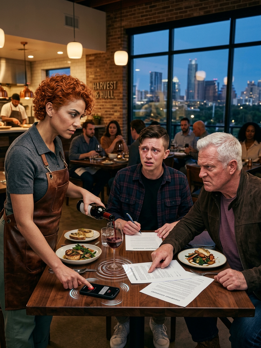 Mon père, avec qui je n’ai plus de contact, est entré dans mon restaurant à Austin comme si c’était le sien, s’est assis à ma meilleure table et m’a dit : « Tu cèdes plus de 15 % à ton frère ce soir. » Puis il a menacé d’appeler mon propriétaire et de « te compliquer la vie ». Je n’ai pas crié. Je leur ai servi du vin, j’ai souri et j’ai dit : « D’accord… mais mon comptable a besoin que ce soit consigné. » J’ai posé mon téléphone sur la table, j’ai lancé l’enregistrement et je lui ai fait dire à voix haute « vieux prêt familial »… Puis j’ai glissé les papiers sur la table et, juste au moment où mon frère prenait le stylo, mon téléphone a vibré : un message m’a glacé le sang…