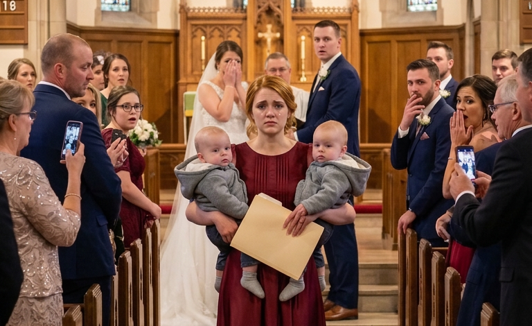 Enceinte de neuf mois, j’ai frappé à la porte, suppliant : « Daniel, s’il te plaît… ne me fais pas ça. » Il n’a même pas regardé mon ventre avant de me dire : « Tu es un fardeau », et de me pousser dans la tempête de neige. J’aurais dû mourir cette nuit-là. Mais un an plus tard, il était là, à l’autel, souriant comme si je n’avais jamais existé. Alors je suis entrée avec nos jumeaux dans les bras et j’ai murmuré : « Vas-y, dis-leur qui tu es vraiment. » Alors tous les regards se sont tournés vers moi.