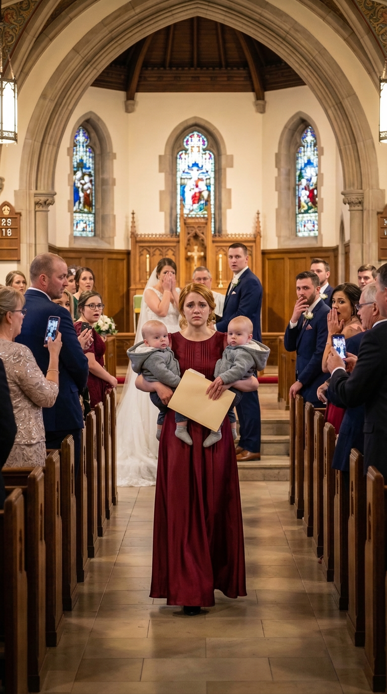 Enceinte de neuf mois, j’ai frappé à la porte, suppliant : « Daniel, s’il te plaît… ne me fais pas ça. » Il n’a même pas regardé mon ventre avant de me dire : « Tu es un fardeau », et de me pousser dans la tempête de neige. J’aurais dû mourir cette nuit-là. Mais un an plus tard, il était là, à l’autel, souriant comme si je n’avais jamais existé. Alors je suis entrée avec nos jumeaux dans les bras et j’ai murmuré : « Vas-y, dis-leur qui tu es vraiment. » Alors tous les regards se sont tournés vers moi.