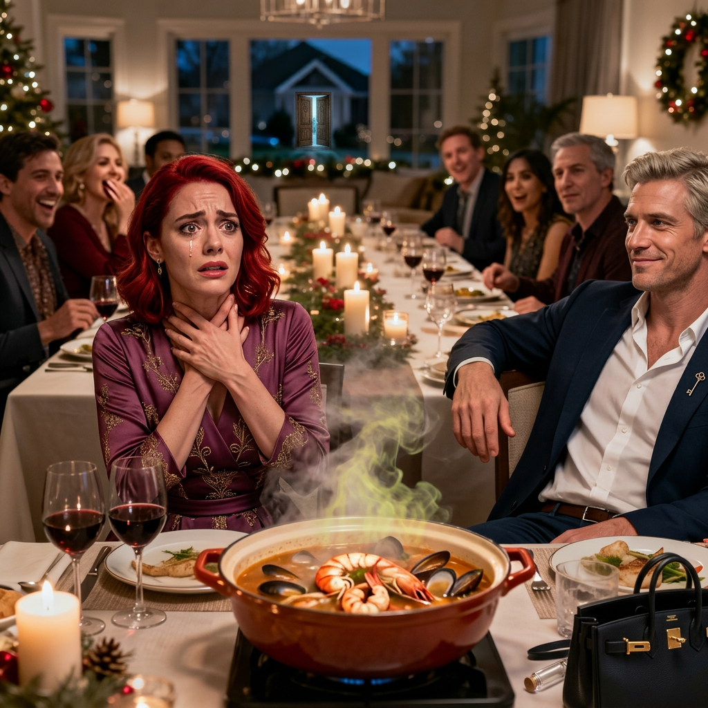 Mon fiancé a levé les yeux au ciel en entendant ma « soi-disant » allergie, a ri si fort que toute la table l’a entendu, et m’a glissé un bol fumant de soupe aux fruits de mer sous le nez, sous le regard des invités. « Tu es tellement dramatique », a-t-il lancé avec un sourire narquois, comme si ma peur était une plaisanterie. La chaleur m’est montée aux joues, ma gorge s’est serrée de panique, mais avant que je puisse repousser le bol ou même dire un mot, le PDG à côté de moi a bougé avec un calme glaçant – et en une fraction de seconde, ma vie a basculé… « MON FIANCÉ A LEVÉ LES YEUX AU CERCLE EN ENTENDANT MON ALLERGIE, A RI DEVANT LES INVITÉS ET M’A FAIT GLISSER UN BOL DE SOUPE AUX FRUITS DE MER DEVANT MOI. »