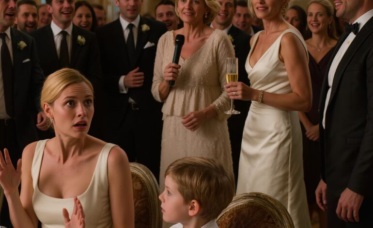 Au mariage de mon frère, ma mère leva sa coupe de champagne, sourit au micro et dit : « On dirait un mannequin discount sans étiquette. » Mais le silence se fit dans la salle quand mon fils de neuf ans se leva de sa chaise, monta sur scène avec sa cravate à clip de travers et décida qu’il en avait assez de laisser les adultes se moquer de moi. Puis il dit avoir entendu quelque chose avant la cérémonie.