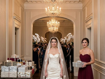 “Acho que você não conta”, minha irmã debochou — depois de me sentar no corredor perto das latas de lixo no casamento dela. Eu não discuti. Não chorei. Simplesmente saí… e coloquei um pequeno presente de prata na pilha de presentes dela. Cinco minutos depois, a música parou, os lustres pararam de funcionar e um grito cortou o salão de baile. Os convidados congelaram. Os telefones apareceram. O noivo empalideceu. E enquanto minha irmã se atirava para pegar a prova, alguém sussurrou meu nome — bem antes de eu receber uma ligação de…