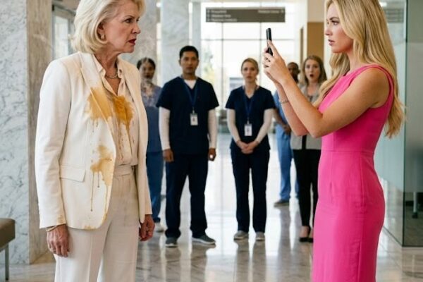 Uma estagiária do meu próprio hospital jogou café gelado em todo o meu blazer, apontou a câmera para mim e gritou: “Você está MORTA, Karen. Meu marido é o CEO. Ele é o dono deste lugar.” Ela não sabia que o homem de quem estava se gabando era, na verdade, meu marido — e eu possuo 60% do hospital. Então, calmamente, coloquei-o no viva-voz, mencionei os 2 milhões de dólares desaparecidos… e esperei no saguão lotado perto dos elevadores pela resposta dele.