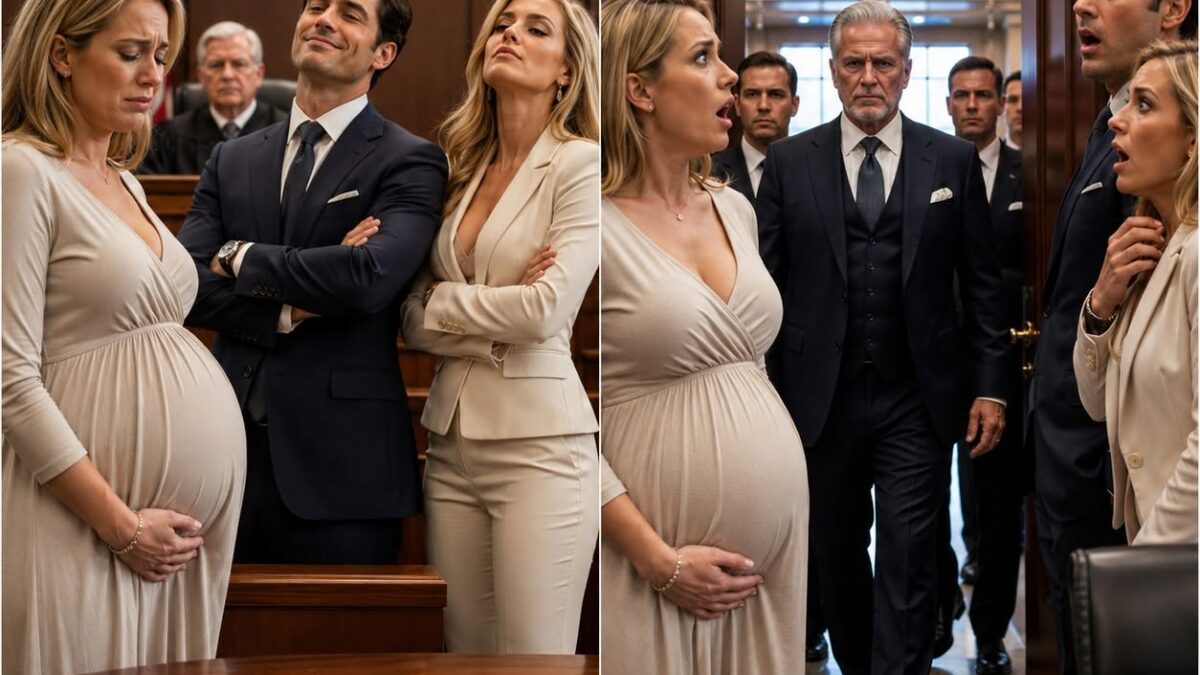 Durante a audiência do meu divórcio, o juiz decidiu que eu sairia de mãos vazias. Meu marido estava ao lado da amante com uma expressão presunçosa que gritava vitória. “Vamos ver como você e esse bebê vão sobreviver sem mim”, debochou ele. Abaixei a cabeça, engolindo a humilhação — até que as portas do tribunal se abriram de repente. Um bilionário entrou, com os olhos fixos em mim. “Sem você, minha filha e meu neto viverão como reis.” O sorriso desapareceu instantaneamente do rosto do meu marido.