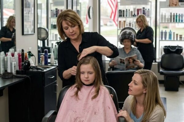 Minha filha sussurrou “Não olhe” durante o corte de cabelo — então a cabeleireira levantou o cabelo dela e encontrou a palavra escondida embaixo.