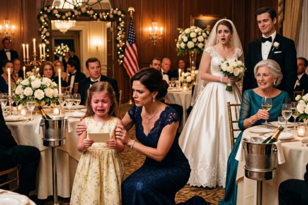 No casamento da família, minha filha de 6 anos foi até seu lugar e pegou o cartão; não dizia o nome dela; dizia “filha falsa”; ela leu em voz alta, com o rosto se desfazendo em lágrimas; eu não gritei; eu fiz isso; trinta minutos depois, eles estavam ligando sem parar porque…