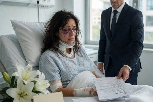 Meu marido mandou seus homens “me darem uma lição” e depois mandou flores para o hospital: acordei com três costelas quebradas e um olho completamente inchado e fechado, sem jamais imaginar que esse gesto fingido de preocupação marcaria o início de sua própria ruína…