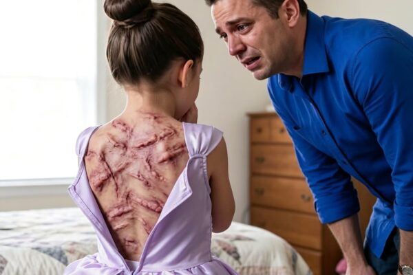 A mensagem da minha filha chegou minutos antes do recital dela: “Só você, pai”; quando entrei, ela fechou a porta, levantou a blusa e destruiu em segundos a imagem perfeita do nosso casamento, porque as marcas tinham um culpado inesperado e ela guardava provas capazes de afundar toda a família.