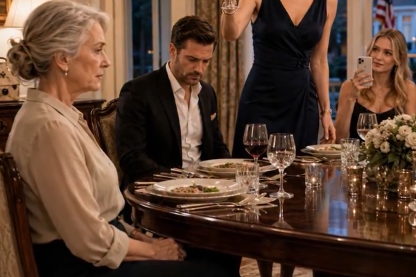 No jantar de Natal luxuoso da minha nora em Chicago, ela ergueu a taça de vinho e disse: “Esta família seria sinceramente mais feliz se você simplesmente não existisse.” Meu filho olhou para o prato como se a mãe que o criou já tivesse desaparecido. Dobrei o guardanapo, sorri pela primeira vez na noite e apontei para a janela — porque o carro preto no portão não estava lá para Harper.